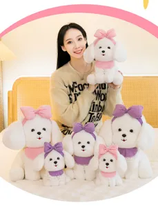 Group of cute white poodle plush toys with pink and purple bows in various sizes