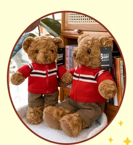 Cute brown teddy bear plush toy wearing red striped sweater, perfect birthday gift for kids.