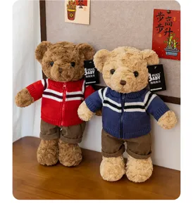 Cute plush teddy bear doll wearing knit sweater, ideal birthday gift for friends and girlfriend.