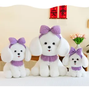 Three white plush poodles with purple bows in different sizes for kids gift