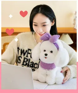 Close-up detail of a white plush dog toy with a purple bow in a lifestyle home setting