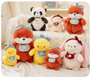 Detail view of various cute animal plush toys including panda, fox, rabbit, and duck