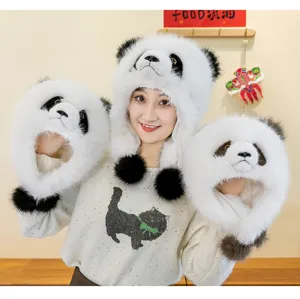 Cute panda plush faux fur hat with earflaps for kids and adults, warm winter accessory