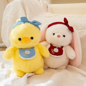 Cute yellow chick and white rabbit plush dolls with soft fur and decorative bibs