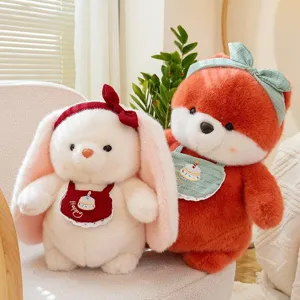 Adorable soft plush bunny and fox stuffed toys with bow headbands and happy bibs
