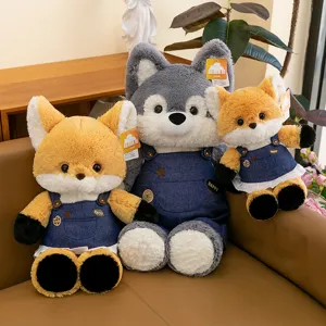 Adorable fox and wolf plush toys wearing denim overalls for children gift collection