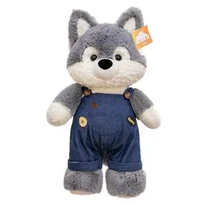 Cute wolf plush toy wearing blue denim overalls, adorable gift for children and toddlers
