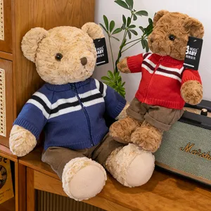 Cute plush teddy bear toy with knitted sweater and pants, perfect birthday gift for kids and friends.