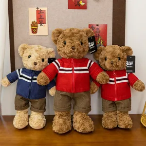 Cute plush teddy bear set wearing sweaters, soft stuffed animal toys for birthday gift.