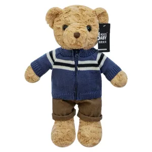 Cute plush teddy bear toy with blue cardigan and brown pants, soft doll gift for kids.