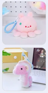 Detailed view of cute pink octopus and seahorse plush keychains for backpack charms