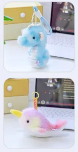 Detail view of colorful plush seahorse and narwhal keychains for backpack decoration