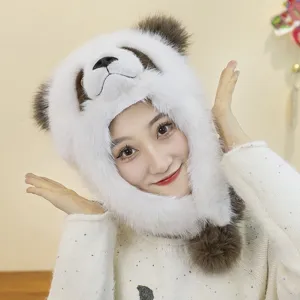 Cute plush panda hat with ear flaps for winter warmth, soft faux fur material