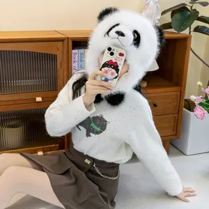 Soft panda plush earflap hat for kids and adults featuring a cute panda face in mink fur style