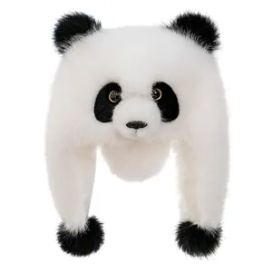 Cute panda plush earflap hat with thick faux fur lining for winter outdoor warmth