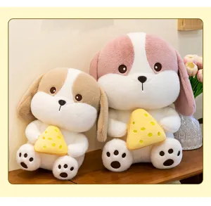 Two plush cheese dog toys with soft fur and cute cheese wedges in a warm home setting.