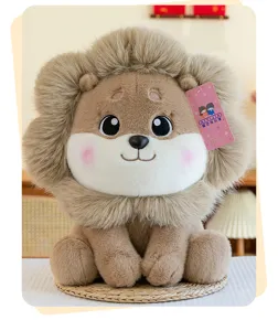 Detail shot of a cute plush lion doll featuring soft brown fur, big eyes, and pink cheeks.