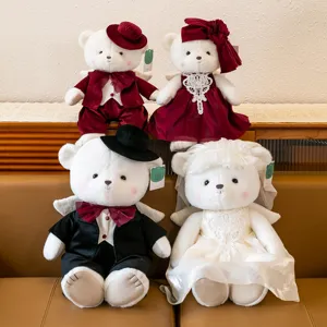 Cute Romantic Wedding Couple Angel Teddy Bear Plush Toy Stuffed Animal Dolls With Angel Wings Lace Bridal Dress Groom Tuxedo Soft Mascot Dolls For Wedding Chamber Bedside Home Decor Gifts