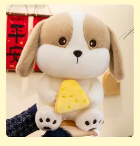 Detailed close-up of a soft dog plush toy holding a yellow cheese slice for kids