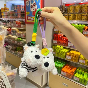 Set of two mini West Highland White Terrier plush keychains with colorful braided ropes