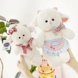 Cute white lamb plush toy set featuring sailor collar and blue striped apron dress