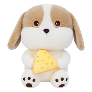 Cute plush dog toy holding a yellow cheese slice, soft stuffed animal for kids