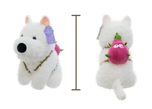 Detailed views of a white Westie dog plush toy featuring a cute dragon fruit backpack