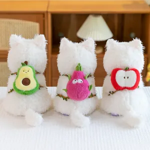 White Westie plush toys with fruit backpacks avocado dragon fruit and apple