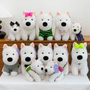 Group of white West Highland Terrier plush toys with colorful bows and sweaters.
