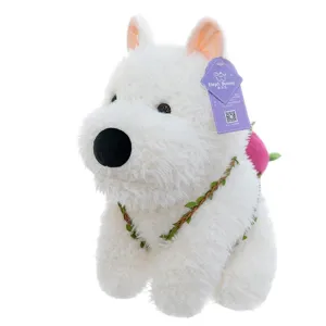 Soft white West Highland Terrier dog plush toy with vine collar for kids gift