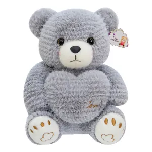 Soft gray plush teddy bear featuring a large heart chest and Love embroidery.