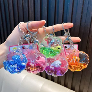 Porte-clés en Acrylique Bouteille Flottante Animal Marin Coquillage Rempli d'Huile Liquide Sable Mouvant Dauphin Tortue Porte-clés Pendentif Sac à Dos Cadeau