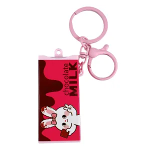 Cute pink chocolate milk box fidget toy keychain with a cartoon bunny design for gifts