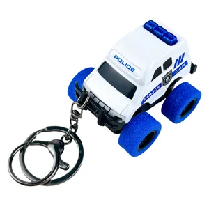 Mini alloy monster truck police car toy keychain with big blue wheels for kids