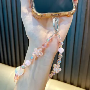 Handmade iridescent crystal beaded phone charm with cute pink resin flowers
