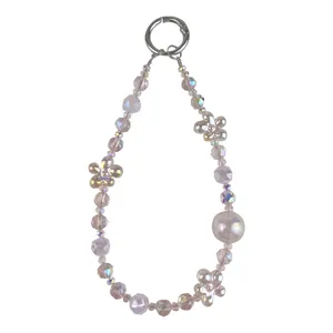 Elegant pink crystal beaded phone chain featuring cute flower charms and silver ring clasp