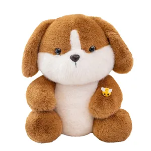 Peluche cagnolino marrone e bianco con dettaglio ape, cuscino per dormire per bambini