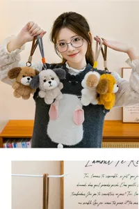 Detailed macro view of colorful rope hanging straps on cute pouting dog plush charms