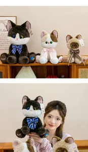 Lindos muñecos de peluche de gatos con lazos coloridos sostenidos por una modelo asiática