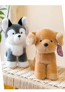 Detailed view of fluffy puppy plush toys in husky and golden retriever styles
