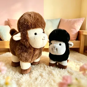 Cute Laura sheep plush toys in brown and black-white colors on cozy rug