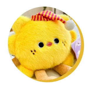 Detailed close-up of a soft yellow sun plush fridge magnet with a striped sleeping hat