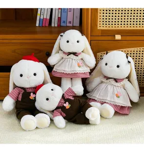 Detailed group shot of white long-eared Hani rabbit plush dolls wearing cute outfits