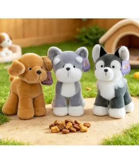 Close-up of three adorable plush dog toys in brown, grey and black sitting on a lawn