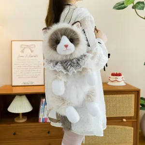 Close-up detail of a realistic ragdoll cat plush backpack featuring a cute lace collar bow