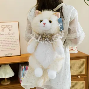 Detailed view of a fluffy plush cat backpack with lace collar worn by a girl
