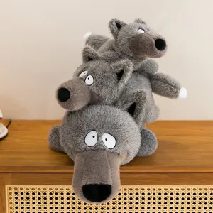Divertente peluche lupo grigio, simpassa bambola animale impilata, cuscino morbido per bambini.