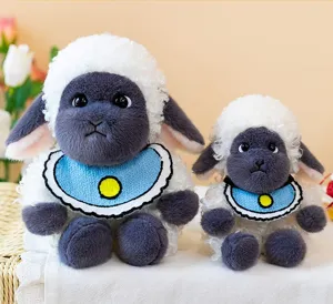 Adorable black-faced curly wool sheep plush toys with blue bibs, set of two sizes.