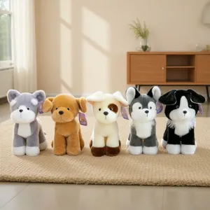 Set of five diverse cute puppy plush toy dolls standing on a cozy neutral indoor rug