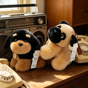 Two realistic standing pug and rottweiler plush dog keychains in a retro vintage setting